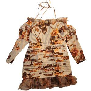 Latiste Mini Dress Size 1X Floral Print Orange Tan Long Sleeve Buttons Layered